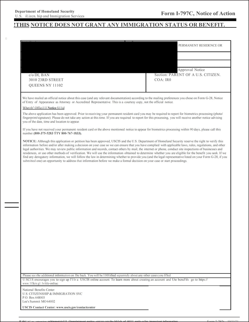 USCIS I-797C Notice of Action